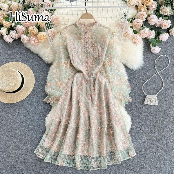 

spring summer women o-neck flower embroidered gauze a-line dress female chic elegant waist mesh party dresses casual, Black;gray
