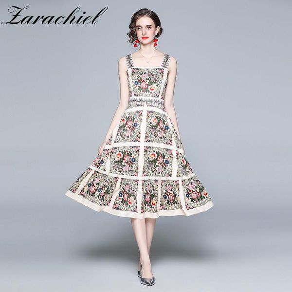 

summer designer runway vacation beach dress women spaghetti strap slash neck backless floral print holiday midi casual dresses, Black;gray