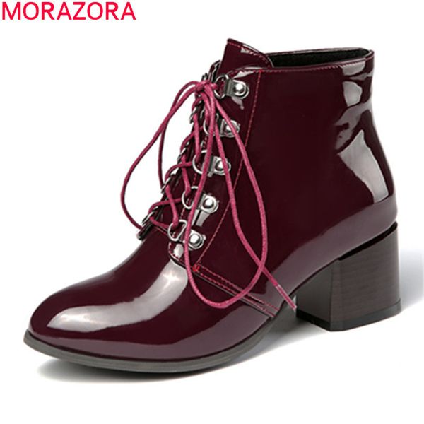 

morazora large size 34-43 ankle boots square heels round toe ladies shoes fashion lace ap solid color women boots black 210506