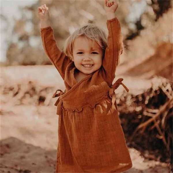 Mão feito crianças vestidos para meninas outono inverno manga longa 100% algodão crianças moda twril rugas bebê menina roupas 210619