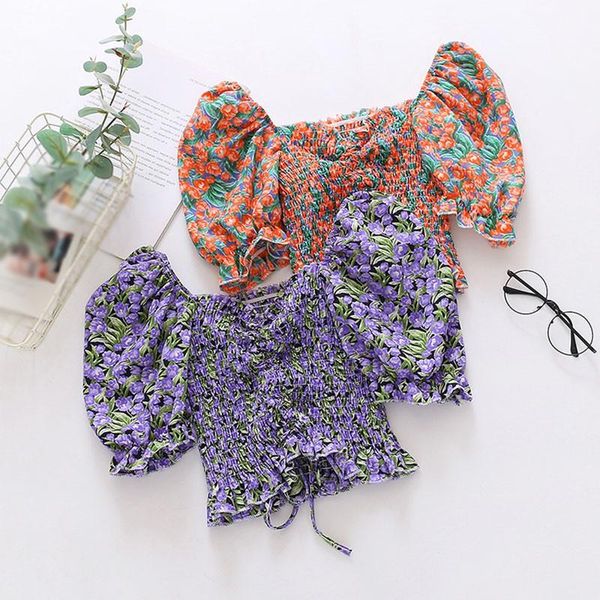 

women's blouses & shirts 2021 summer floral puff sleeve slash neck beach blouse women square collar high waist ruffles chiffon shirt, White