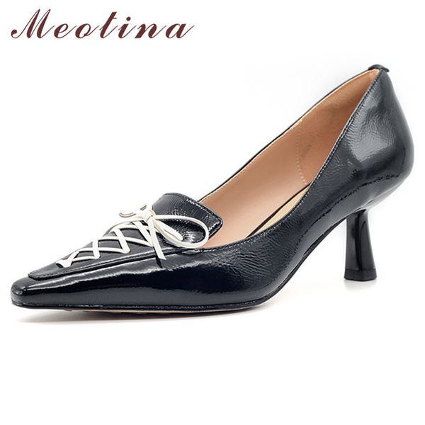 

meotina genuine leather mid heel shoes cross tied stiletto heels pumps women pointed toe fashion shoes slip on female footwear 210520, Black