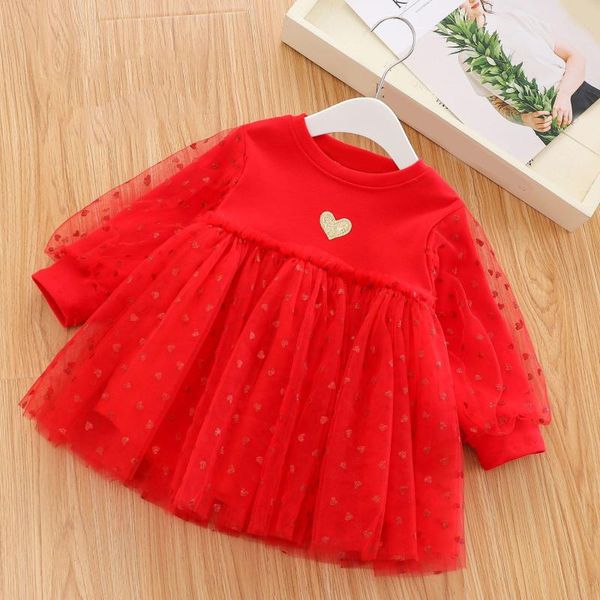 

girl's dresses 2021 sweet long-sleeve love sequined mesh stitching princess dress toddler infant kids clothes spring autumn baby girl, Red;yellow