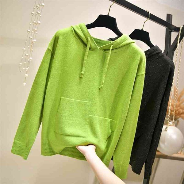 

autumn and winter 2019 korean casual solid color hooded sweater pullover loose bottomed sweater long sleeve coat, Black