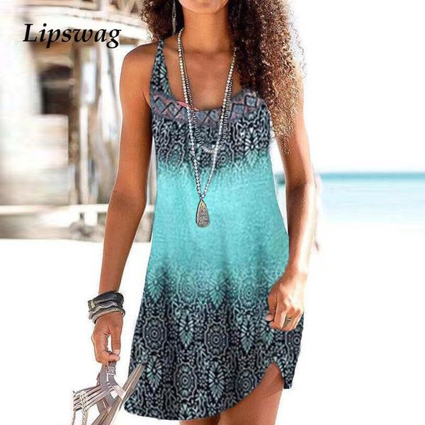

casual summer sleeveless tank beach dress vintage pattern print a-line party dress women elegant square collar loose mini dresshigh quality, Black;gray