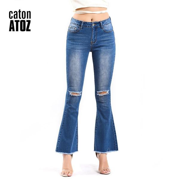 

women's jeans catonatoz 2191 women`s fashion mid high waist plus size ripped stretchy flare for woman, Blue