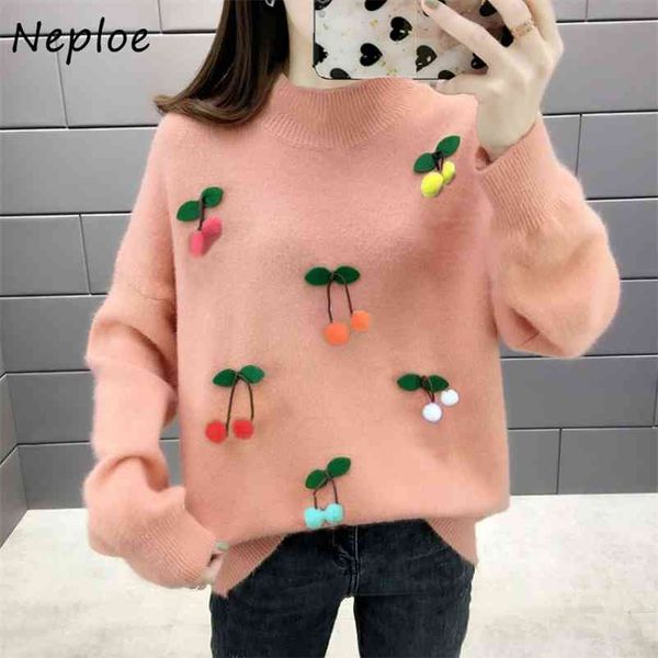 

fashion cherry decoration sweater half turtleneck long sleeve knitting pullover women autumn winter all match 210422, White;black