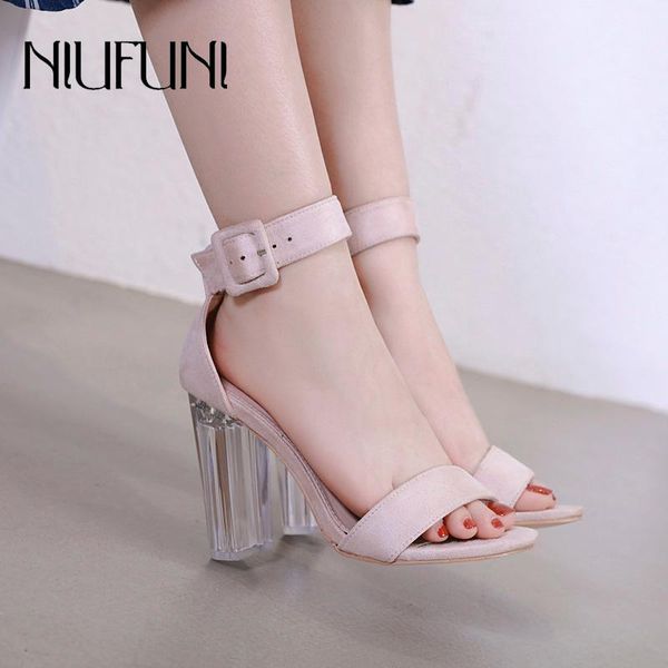 

transparent high heels crystal women's sandals 2021 thick suede belt buckle fashion wild round head ladies casual shoes, Black