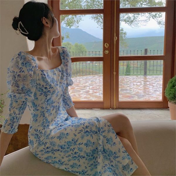 

french vintage floral dress designer elegant split party midi casual kawaii korean fairy 210510, Black;gray
