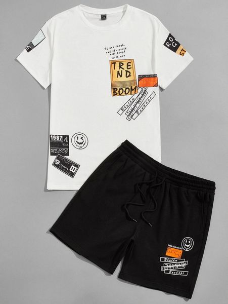 

men slogan & cartoon graphic tee and shorts set s48y#, Gray