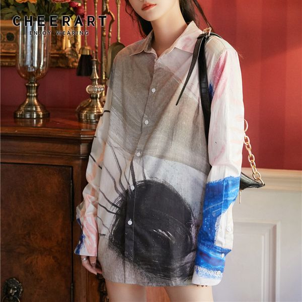 

designer print long sleeve blouse women fall pink button up collar shirt loose fashion aesthetic clothes 210427, White