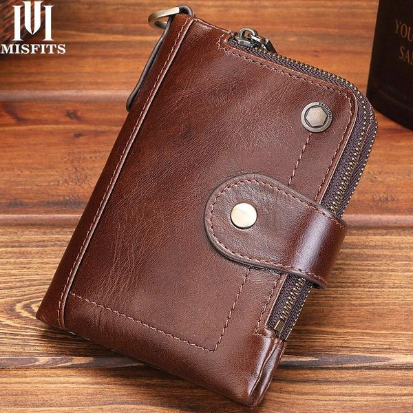 

short genuine leather men's wallet first layer cowhide multifunctional buckle zipper bag wallets, Red;black