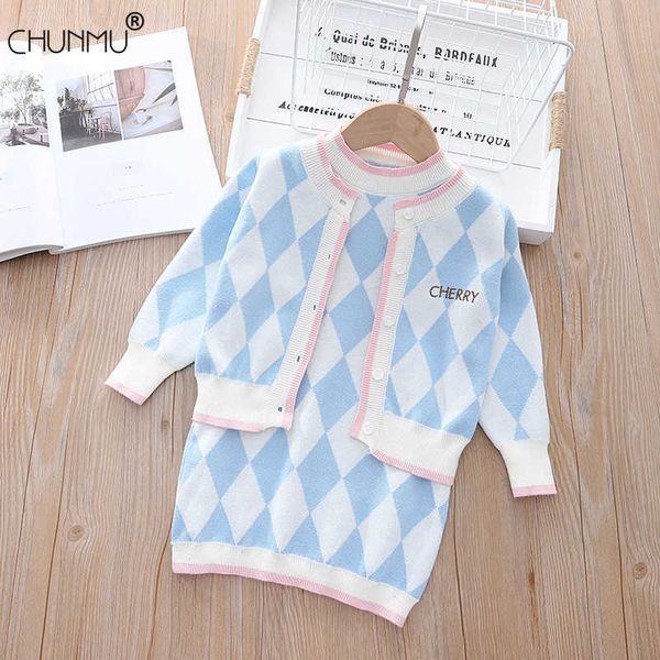 

girls' sweater clothes set warm knit diamond vest dress + long sleeve cardigan 2pcs suit girls' baby autumn winter sweet set x0902, White