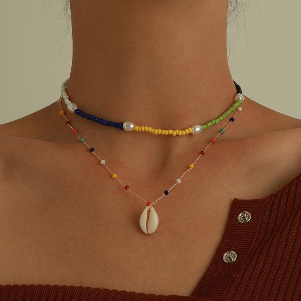

chokers fashion ethnic acrylic bead simulated pearl shell pendant necklace bohemian multilayer short for women girl, Golden;silver