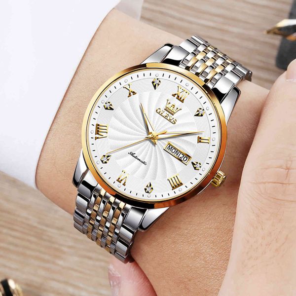 

classic business men's automatic mechanical watch luxury waterproof diamond stainless steel wristwatch for men 2021, Slivery;brown