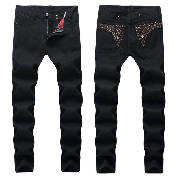 

men 's jeans personality embroidery moto slim fit straight denim pants distressed trousers men's, Blue