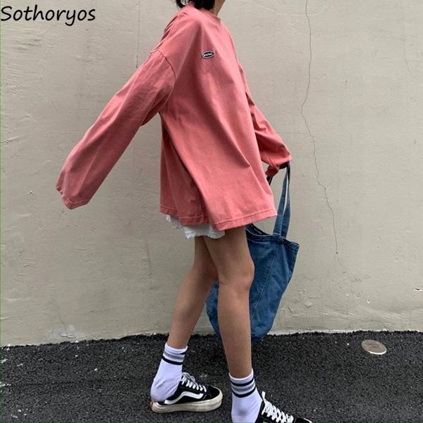 

women's t-shirt long sleeve tshirts women solid loose korean style ulzzang simple chic student young fashion all-match casual womens st, White