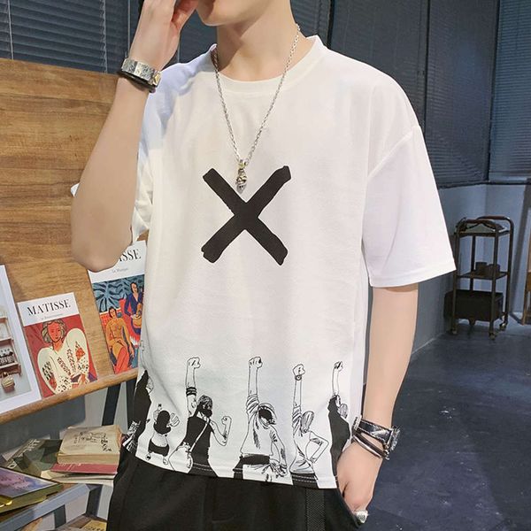 

summer style men's t-shirt round neck literature and art youth base coat clothes, White;black