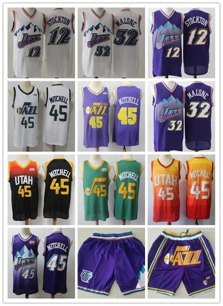 

mens utahjazzjersey john 12 stockton karl 32 malone donovan 45 mitchell basketball jerseys basketball shorts purple white, Black;red