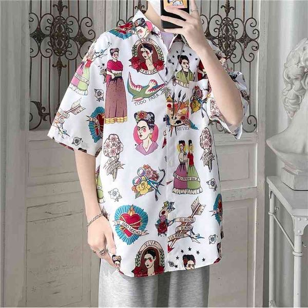 

summer simple half short sleeve floral shirt for men2021, White