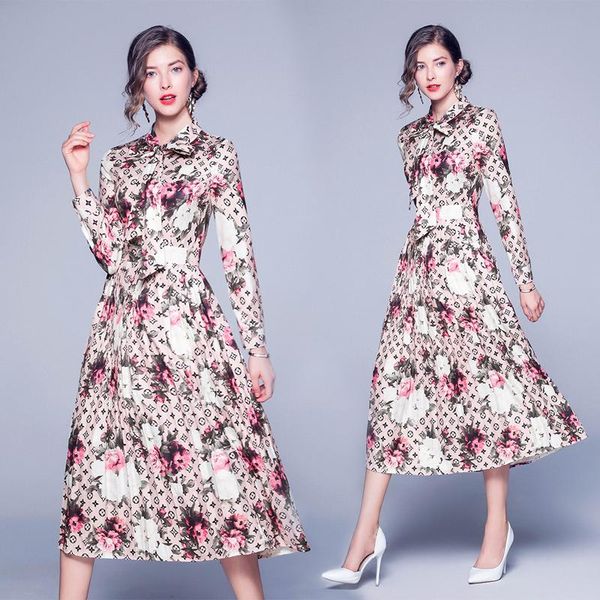 

casual dresses printed bow tie with pleated high waist dress tied pendulum in early autumn, Black;gray