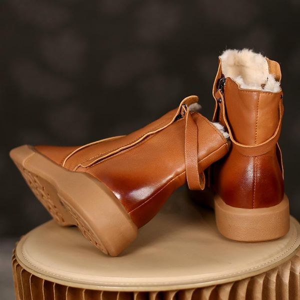 

boots warm fur snow women genuine leather black brown fashion plush winter shoes flats ankle ladies