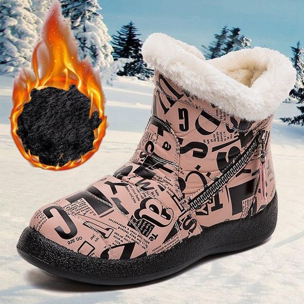 

boots shoes for women 2021 warm snow winter low heels waterproof flats casual cotton plush fur fluffy, Black
