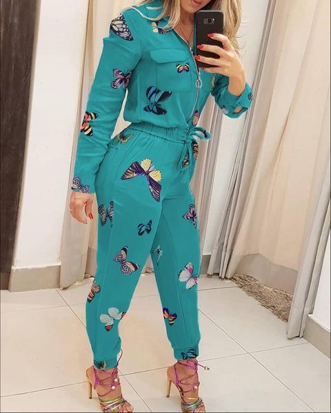 

butterfly print zipper pocket womens rompers design long sleeve slim fit lace up waist jumpsuits casual overalls, Black;white