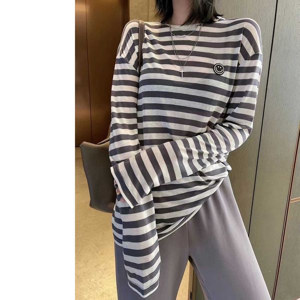 

silk light sky long sleeve t-shirt women's loose stripe thin sunscreen, White