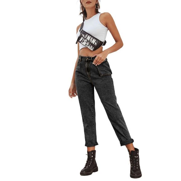 

women's 2021 fashional casual and high street patchwork pockets waist slimming jeans straight-leg ankle-length trousers, Blue