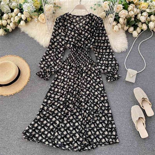 

autumn female fashion v-neck high waist slim retro floral print casual dress women long sleeve vestidos n861 210527, Black;gray
