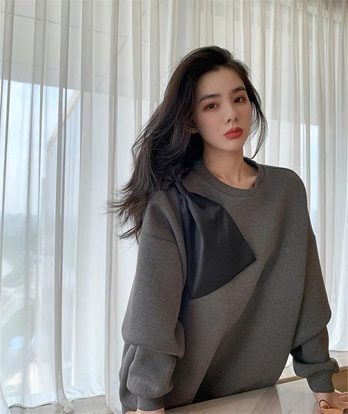 

women's hoodies & sweatshirts lmq women fleece oversize bow-knot o-neck fashion warm long sleeve basic casual pullovers 2021 winter, Black