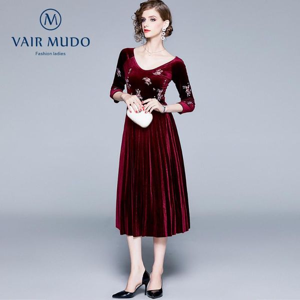 

casual dresses women elegant fashion black red dress autumn winter nine-quarter sleeves accordion pleated velvet embroidered dressy-437, Black;gray