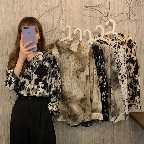

women's blouses & shirts vintage printed long sleeve shirt blouse spring summer casual loose women korean style street wear chiffon top, White