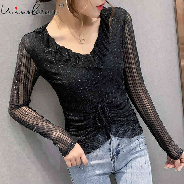 

women's t-shirt spring fall european clothes t-shirt fashion shiny v-neck ruffles women ropa mujer stretchy lace up tees, White