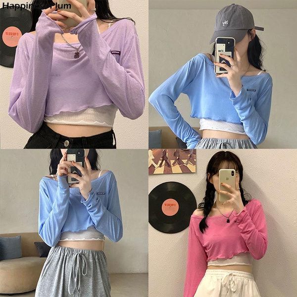

women's t-shirt 3 colors 2021 summer korean style slim long sleeve t-shirts womens tee shirt femme women sun protection crop, White