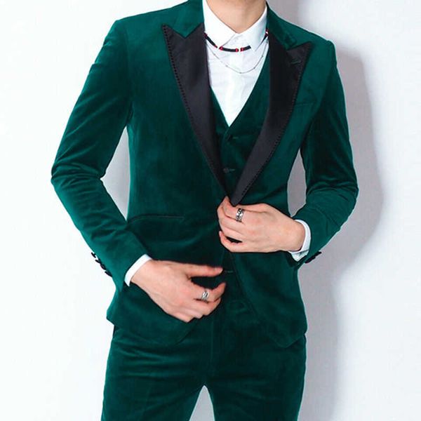 Trajes de hombre ajustados de terciopelo verde oscuro para baile de graduación 3 piezas negro solapa pico boda novio esmoquin personalizado hombre ropa de moda conjunto X0909