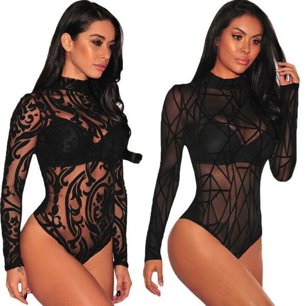 

lace body suit sheer womens romper mesh floral turtleneck long sleeve leotard jumpsuit, Black;white