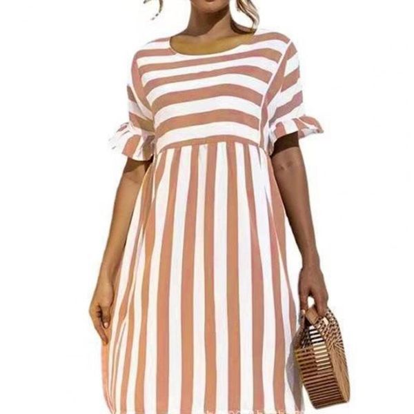 

casual dresses women elegan fashion dress o neck striped short ruffle sleeve loose knee-length for summer beach wear y2k top, Black;gray