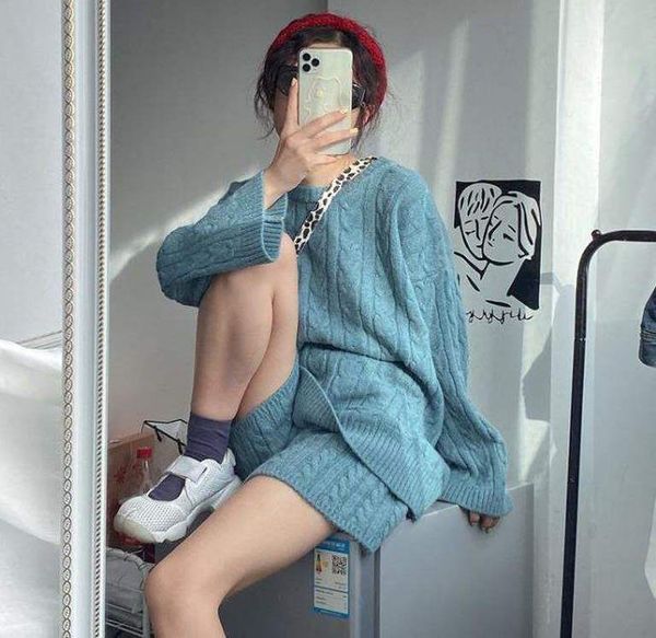 

women's tracksuits chic two piece knitted clothing set women suit outfits 2021 casual loose knitting pullover sweater + shorts, Gray