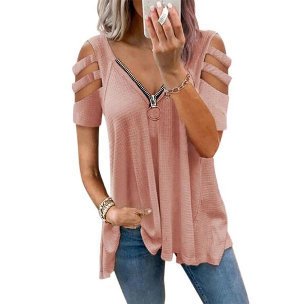 

women's t-shirt women summer elegant v neck zipper up short sleeve casual loose hollow out fashion t shirt 2021 female street wear tee, White