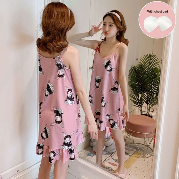 

women's sleepwear summer nightdress ladies with chest pad sling v-neck milk silk dressing gown thin section korean sweet home service a, Black;red