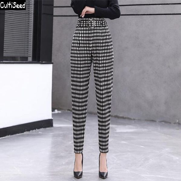 

cultiseed women autumn winter plaid woolen harem pants female fashion high waist office work ankle length trousers with belt women's &, Black;white