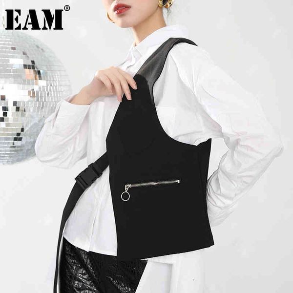 

[eam] women loose fit black buckle split joint irregular vest v-collar sleeveless fashion spring autumn 1y0800 210512, Black;white
