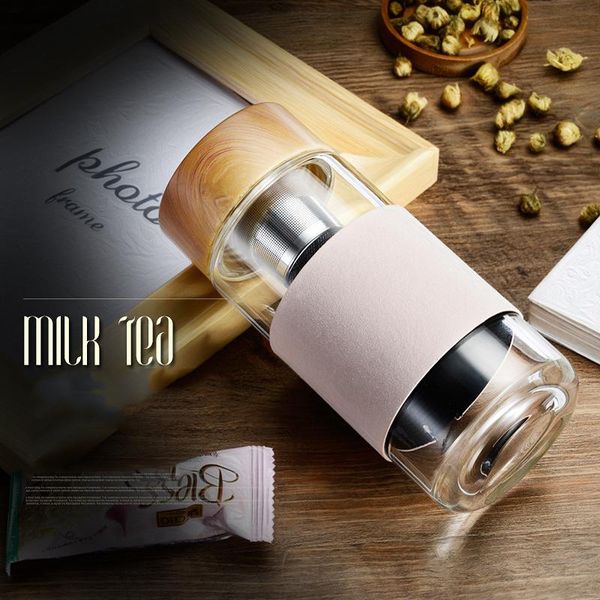 

350ml 12oz glass water bottles heat resistant round office tea cup with stainless steel tea infuser strainer tea mug car tumblers