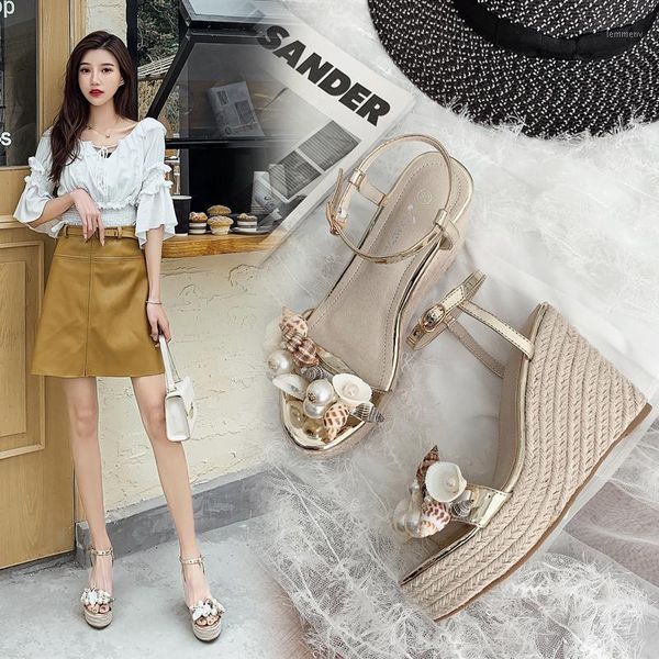 

summer fashion elegant women 11cm high heels 3cm platform flower shell wedges fetish luxury sandals party beach shoes1, Black