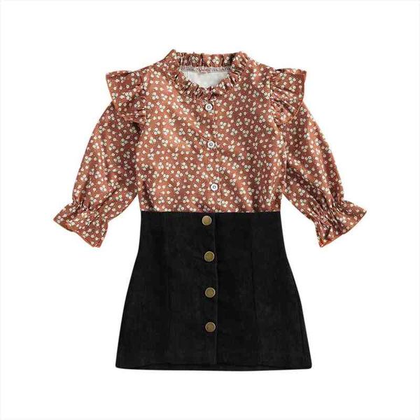 

kids baby girls fashion 2-piece outfit set long sleeve floral print shirt skirt for children 2-7t, White