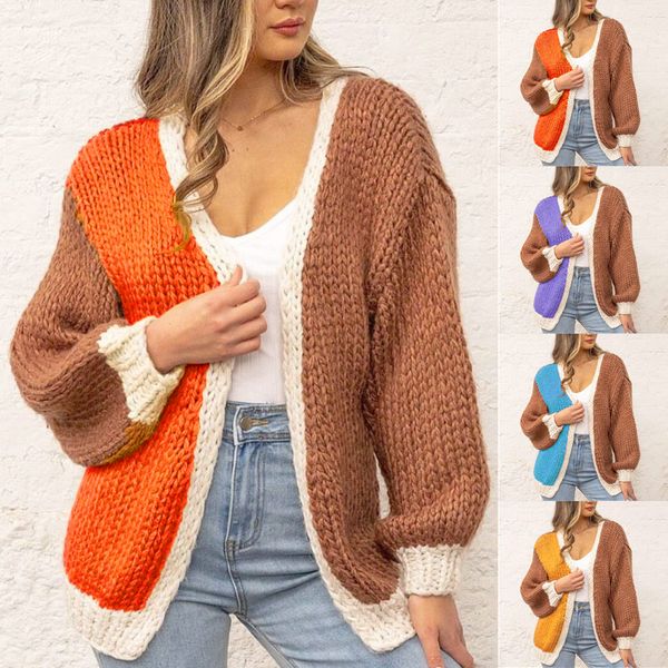 

2021 casual knitted cardigan color matching long sleeved sweater women, White;black