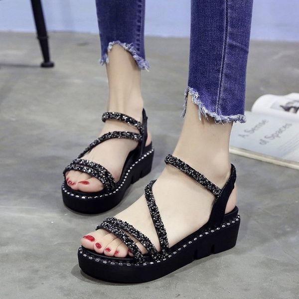

sandals open toe leisure bling platform wedges women basic print buckle strap ladies shoes med front rear summer 1ncf, Black