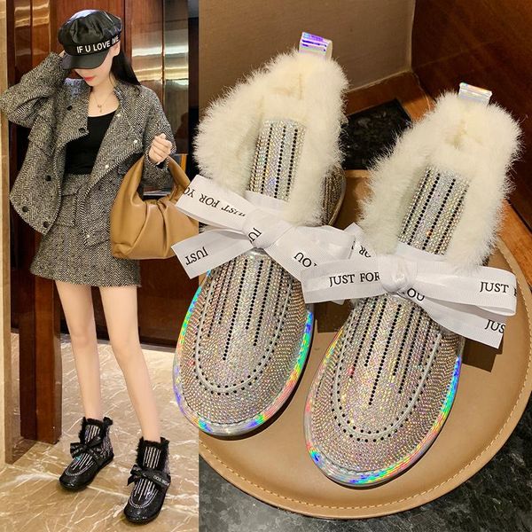 

boots bling crystal winter snow women flat heels rhinestones diamonds cow suede warm plush bow-knot colorful sequined, Black